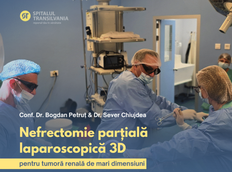 Imagine din sala de operație în timpul unei nefrectomii parțiale laparoscopice 3D pentru tumoră renală de mari dimensiuni, realizată de echipa Spitalului Transilvania.