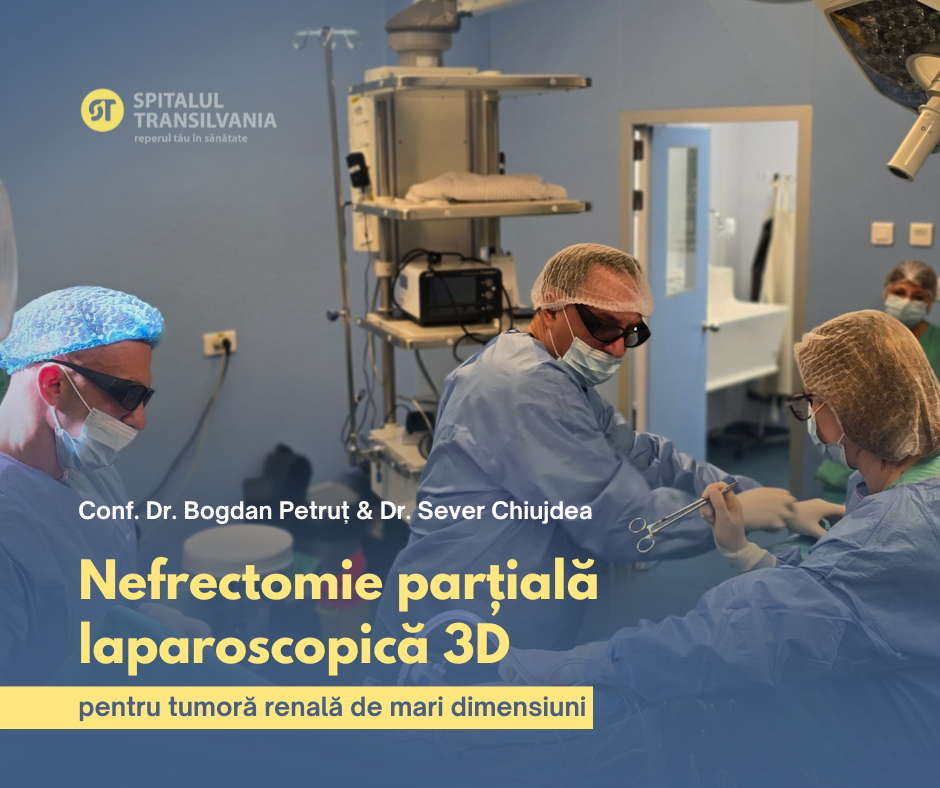 Imagine din sala de operație în timpul unei nefrectomii parțiale laparoscopice 3D pentru tumoră renală de mari dimensiuni, realizată de echipa Spitalului Transilvania.