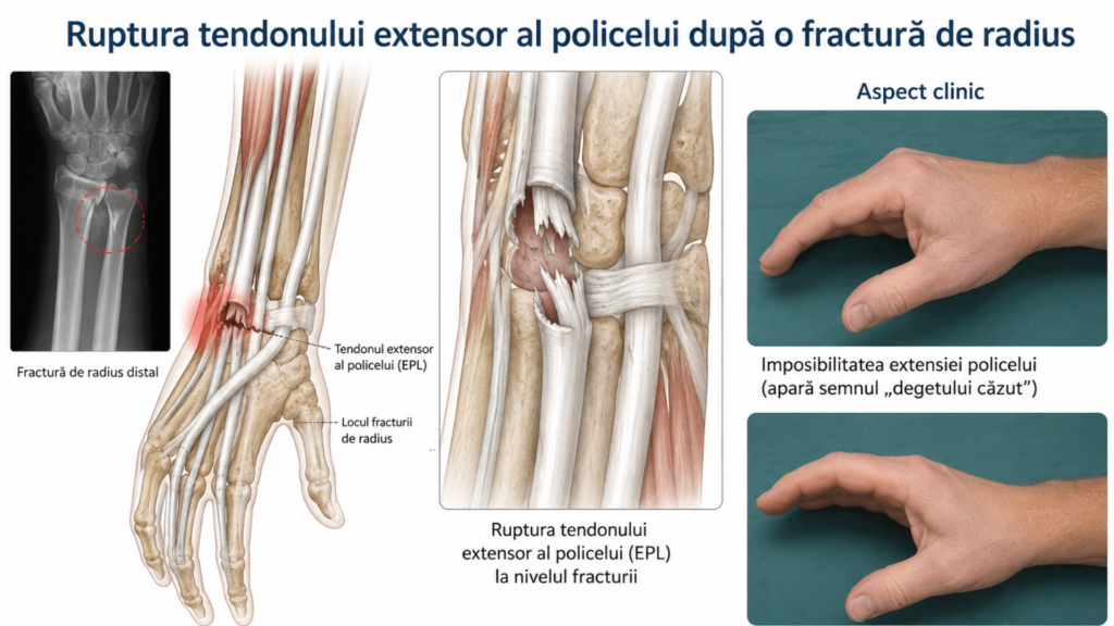 Ilustrație medicală care prezintă ruptura tendonului extensor lung al policelui (EPL) după o fractură de radius distal, cu imagini anatomice, radiografie și aspect clinic al imposibilității extensiei policelui.