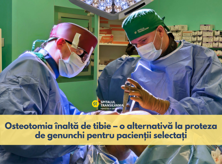 Osteotomia înaltă de tibie – o alternativă la proteza de genunchi pentru pacienții selectați Intervenție de osteotomie înaltă de tibie pentru tratamentul gonartrozei și corectarea deviației în varus la Spitalul Transilvania.